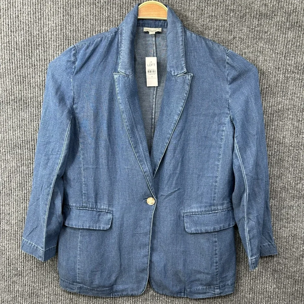 New Ann Taylor LOFT Linen Blend Chambray One Button Blazer Jacket Blue Medium